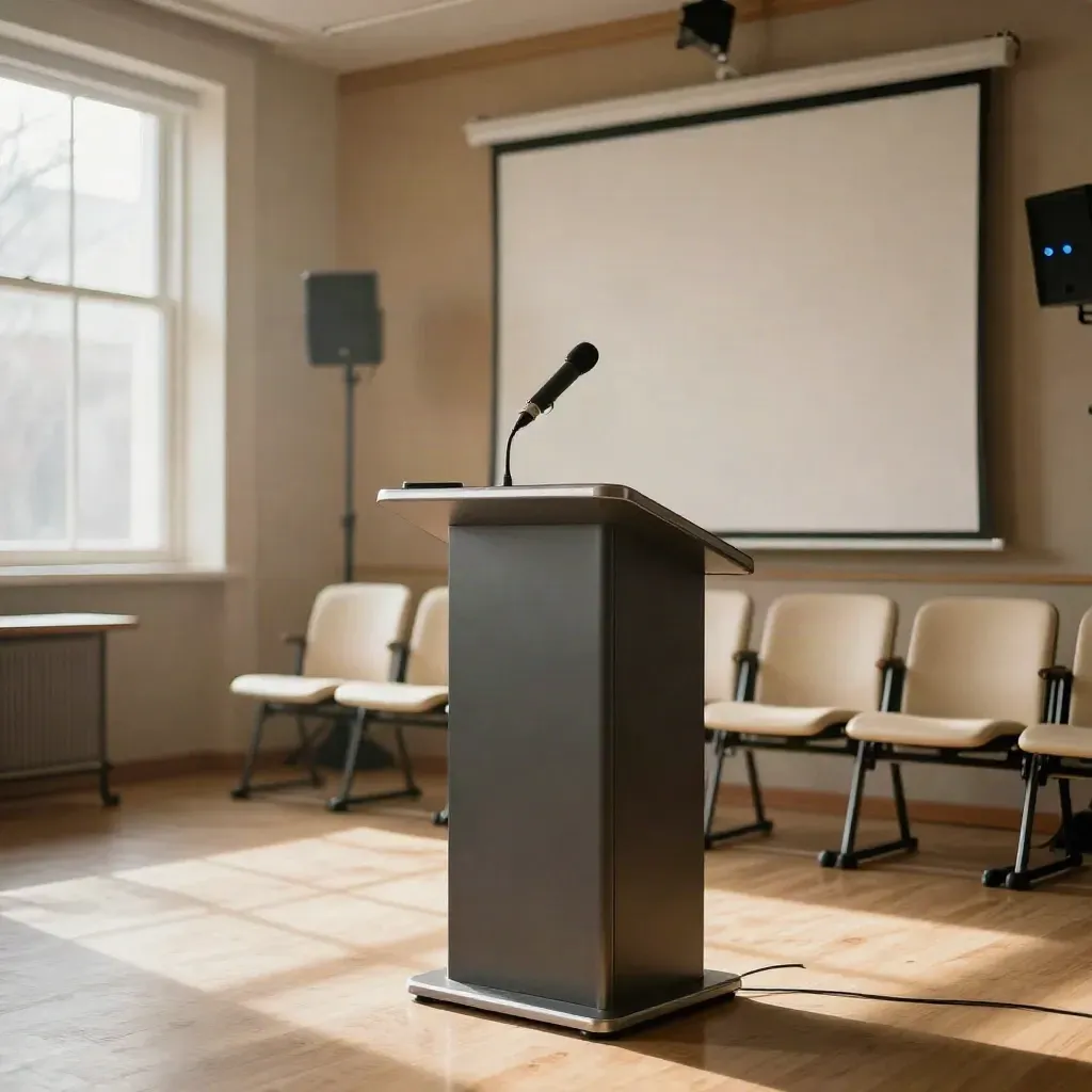 Estudio compacto de seminarios con atril, micrófono, panel vacío y butacas plegables.
