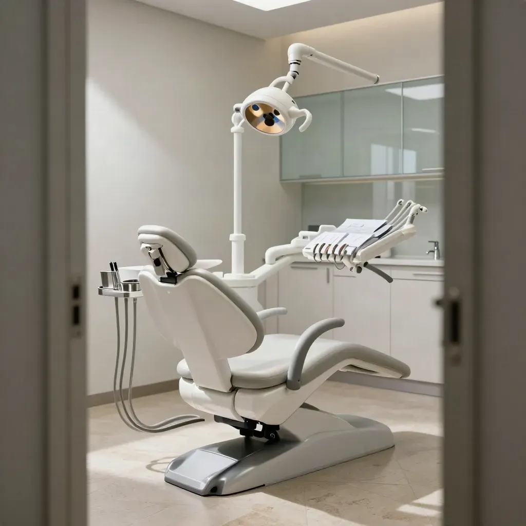 Consulta dental premium vacía con sillón blanco, lámpara y bandeja esterilizada.