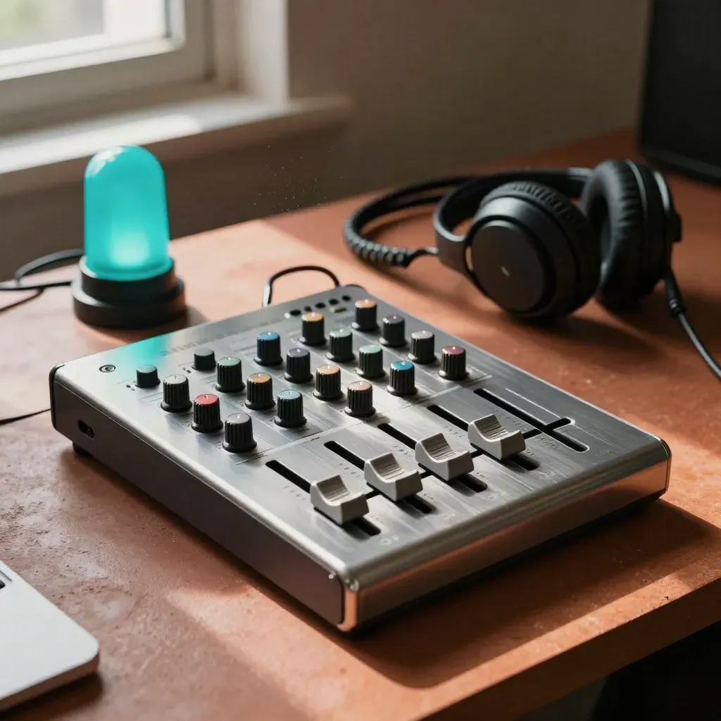 Consola de audio, micrófono y auriculares con luz turquesa en un rincón cálido.