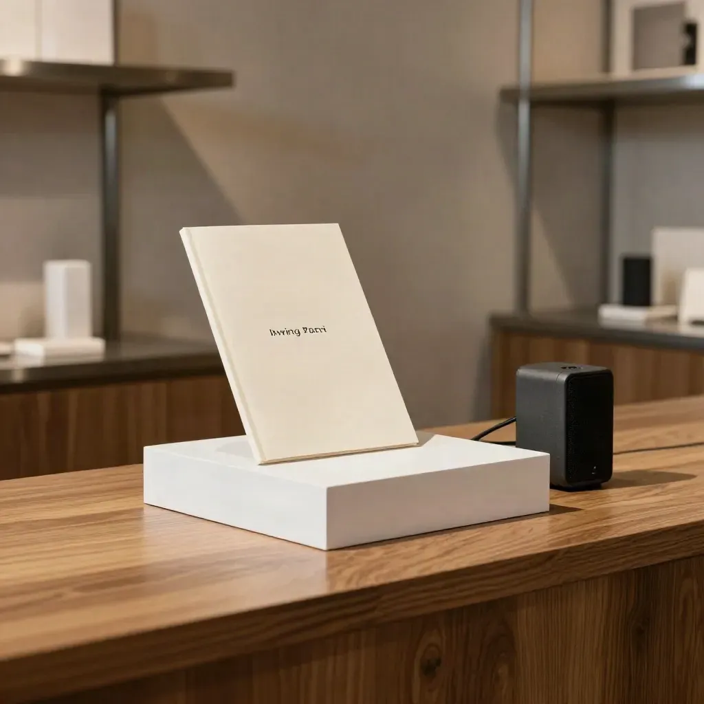 Mesa de demostración de tienda con pedestal blanco, folio cerrado y altavoz auxiliar en luz dramática.