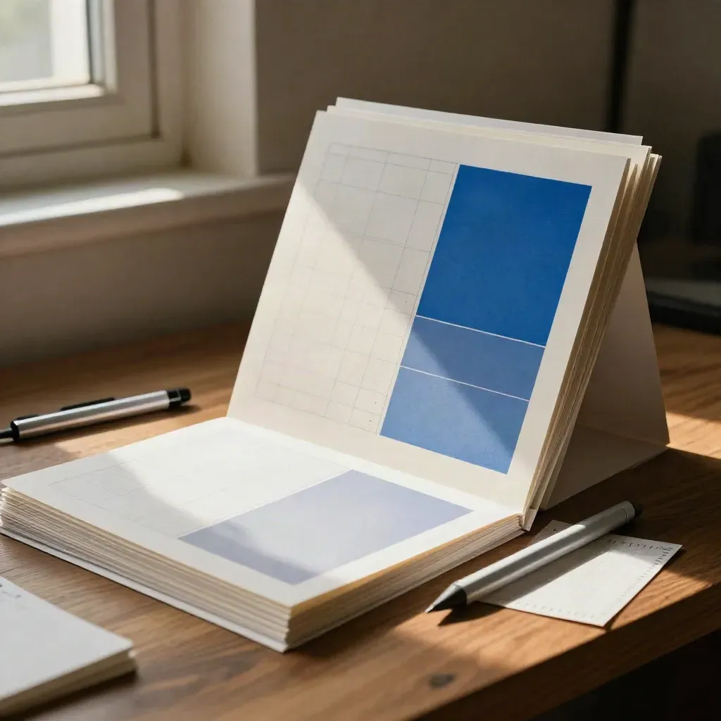 Muestrario de diapositivas con tarjetas tipográficas, reglas de color y stylus sobre madera.