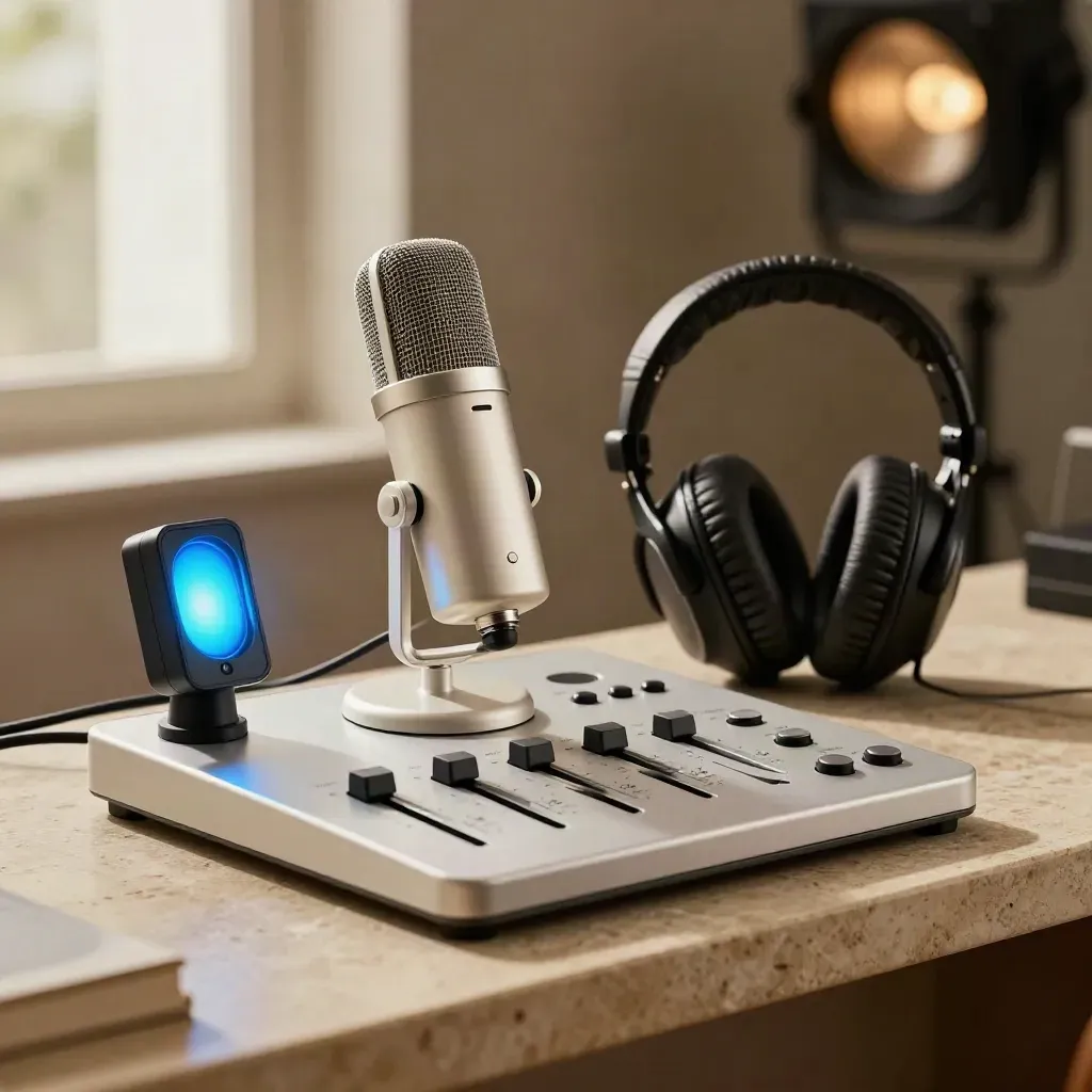 Mesa de control con micrófono, auriculares y luz de emisión sobre fondo claro.