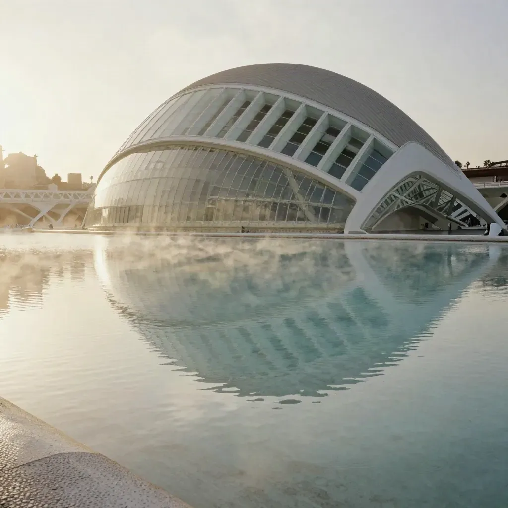 La Ciudad de las Artes y las Ciencias reflejada en agua quieta con bruma y luz suave.