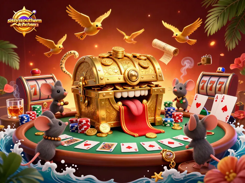 Sissyssouthernkitchen entices gamblers with a vibrant casino scene featuring animated treasures and slot elements.