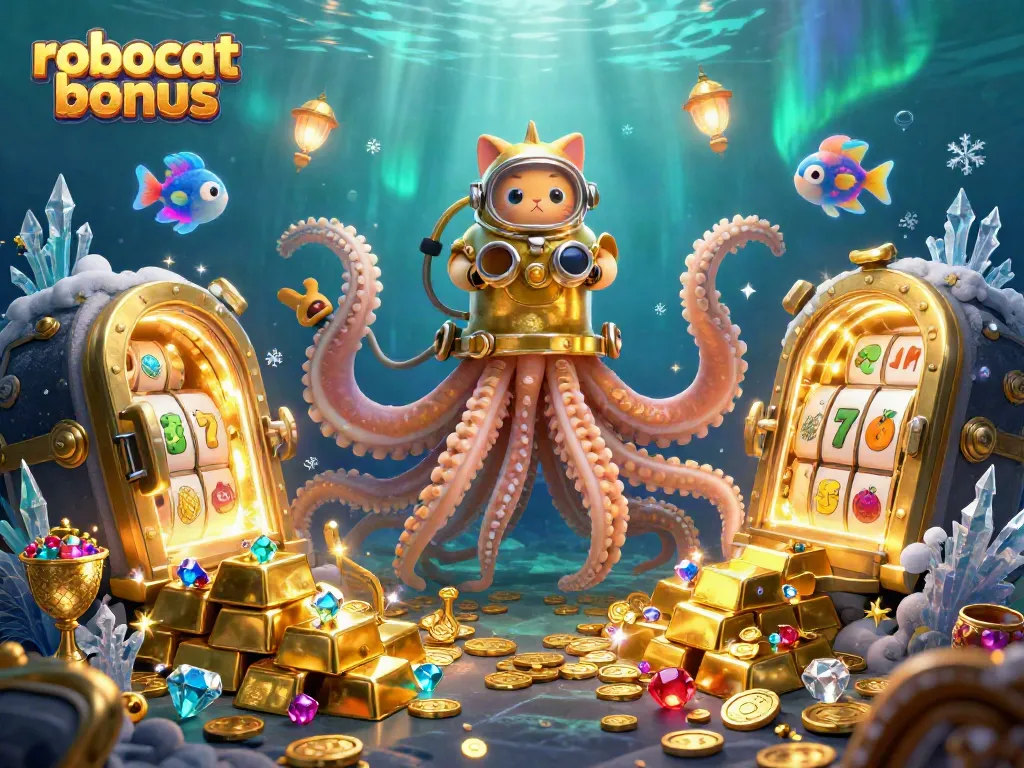 Experience the robocat bonus with a vibrant underwater treasure scene featuring a kraken, diving cat, and slot elements.