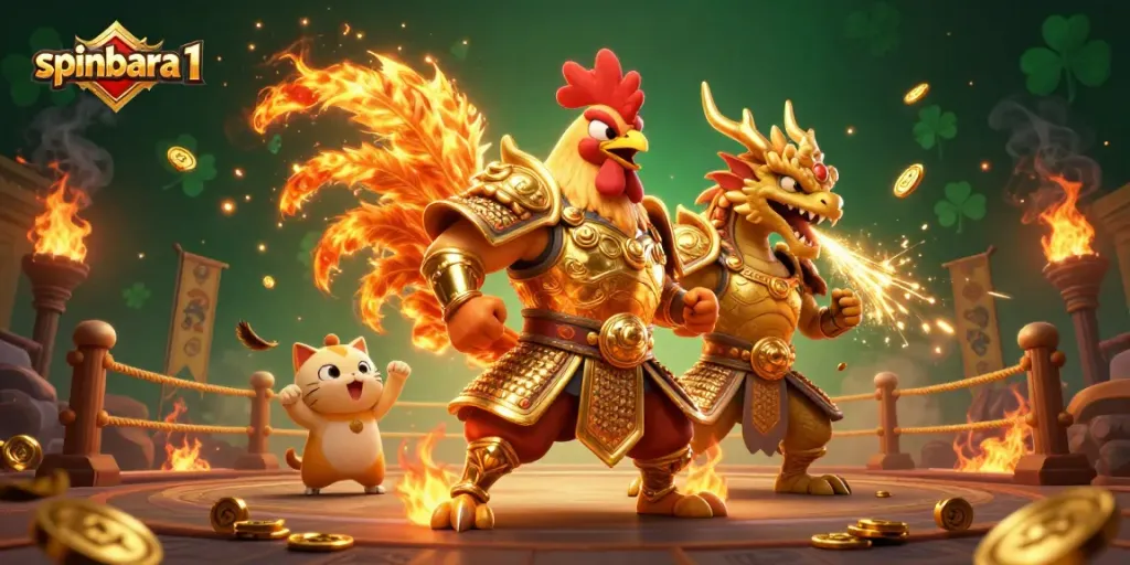 Experience thrilling action at spinbara 1 with a vibrant 3D illustration showcasing a rooster warrior and dragon hatchling.